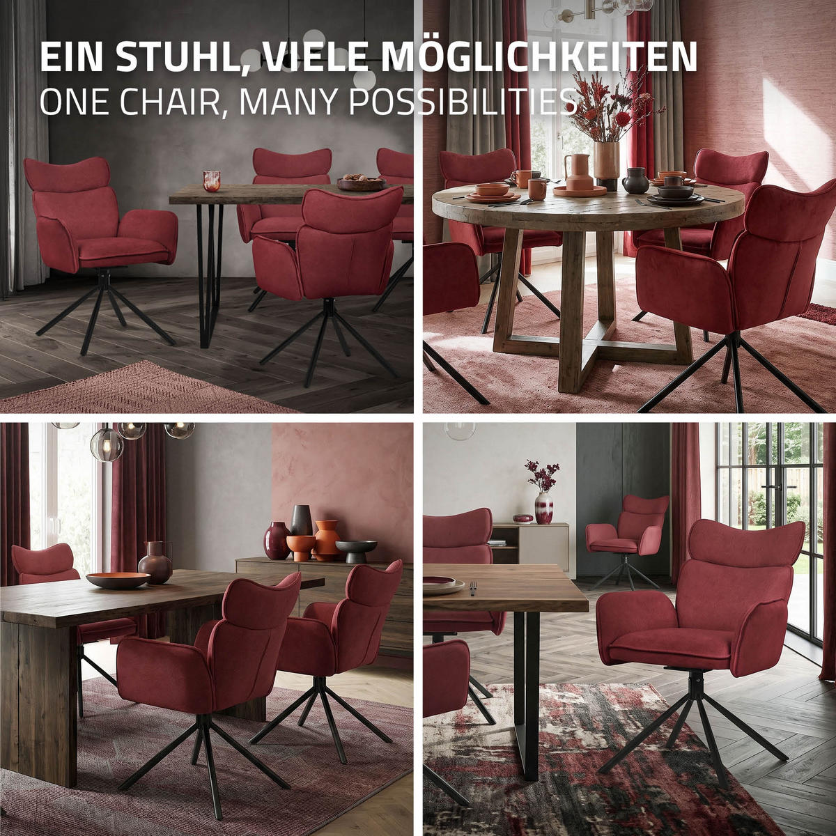 ESSZIMMERSTÜHLE 2er Set drehbar Rot mit Stoffbezug - Rot/Schwarz, Textil/Metall (63/89/68cm) - ML-DESIGN