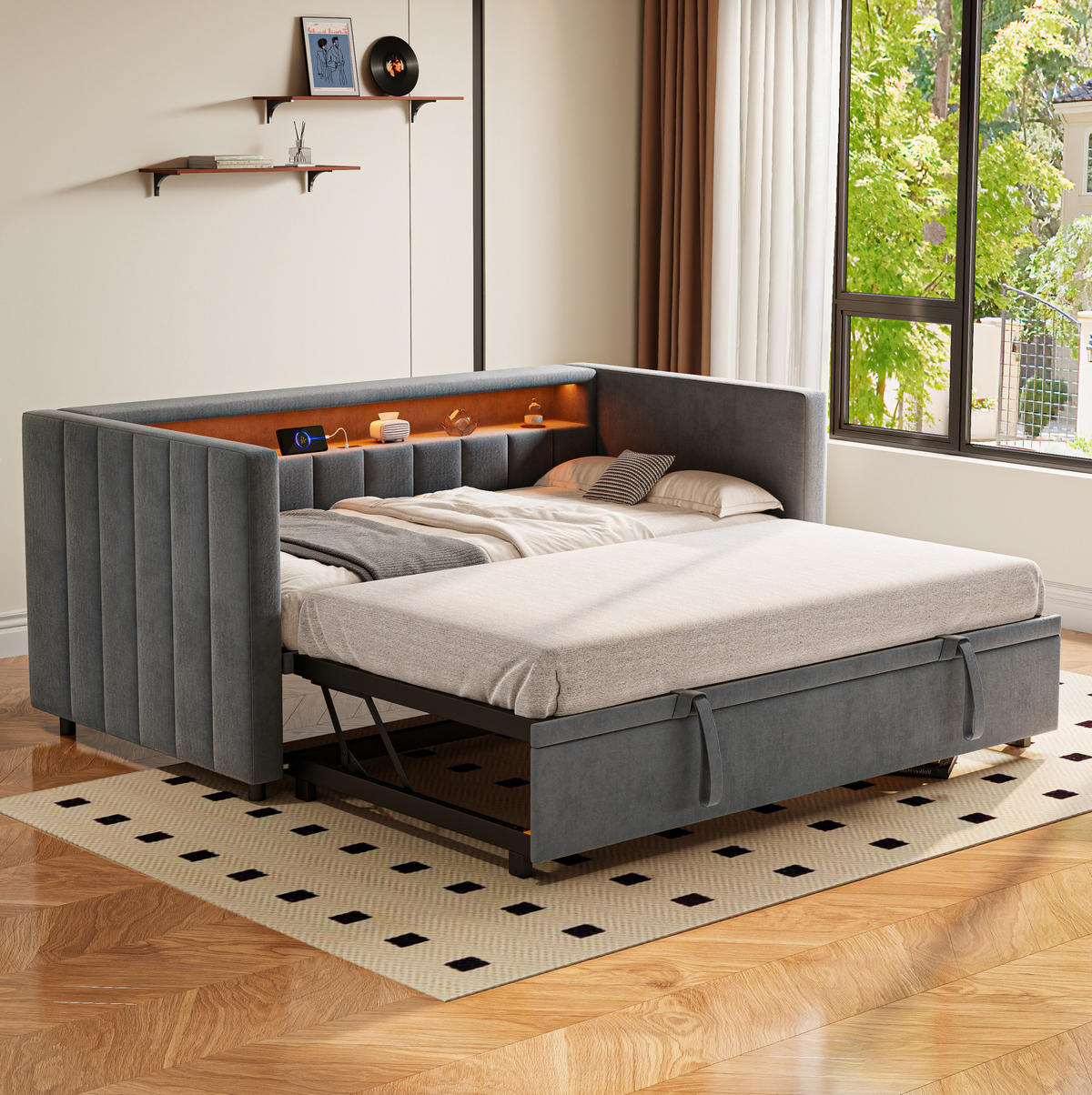 AUSZIEHBETT 90/180×190 cm aus Samt in Dunkelgrau mit LED und USB-Anschlüssen - Dunkelgrau, Textil (80/200cm) - Flora Grace