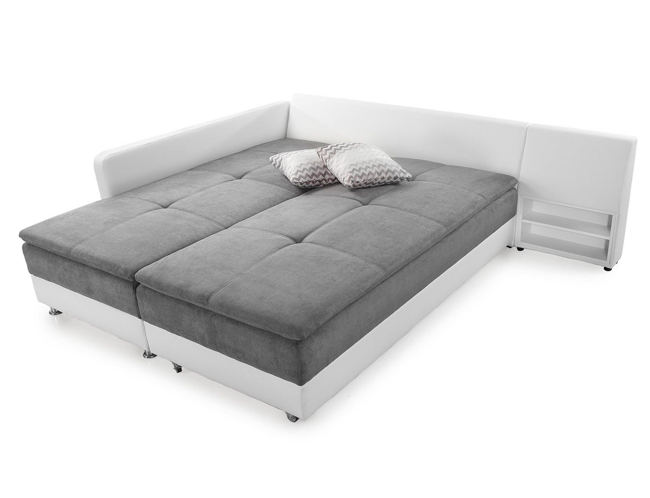 ECKSOFA-DAUERSCHLÄFER Doppelbett Boxspring Federkern Topper, Schwenkteil rechts B306/T223/H95 cm , Kunstleder Weiß+Mikrofaser Hellgrau / 15104 - Chromfarben/Hellgrau, Textil/Metall (306/223cm) - luma-home