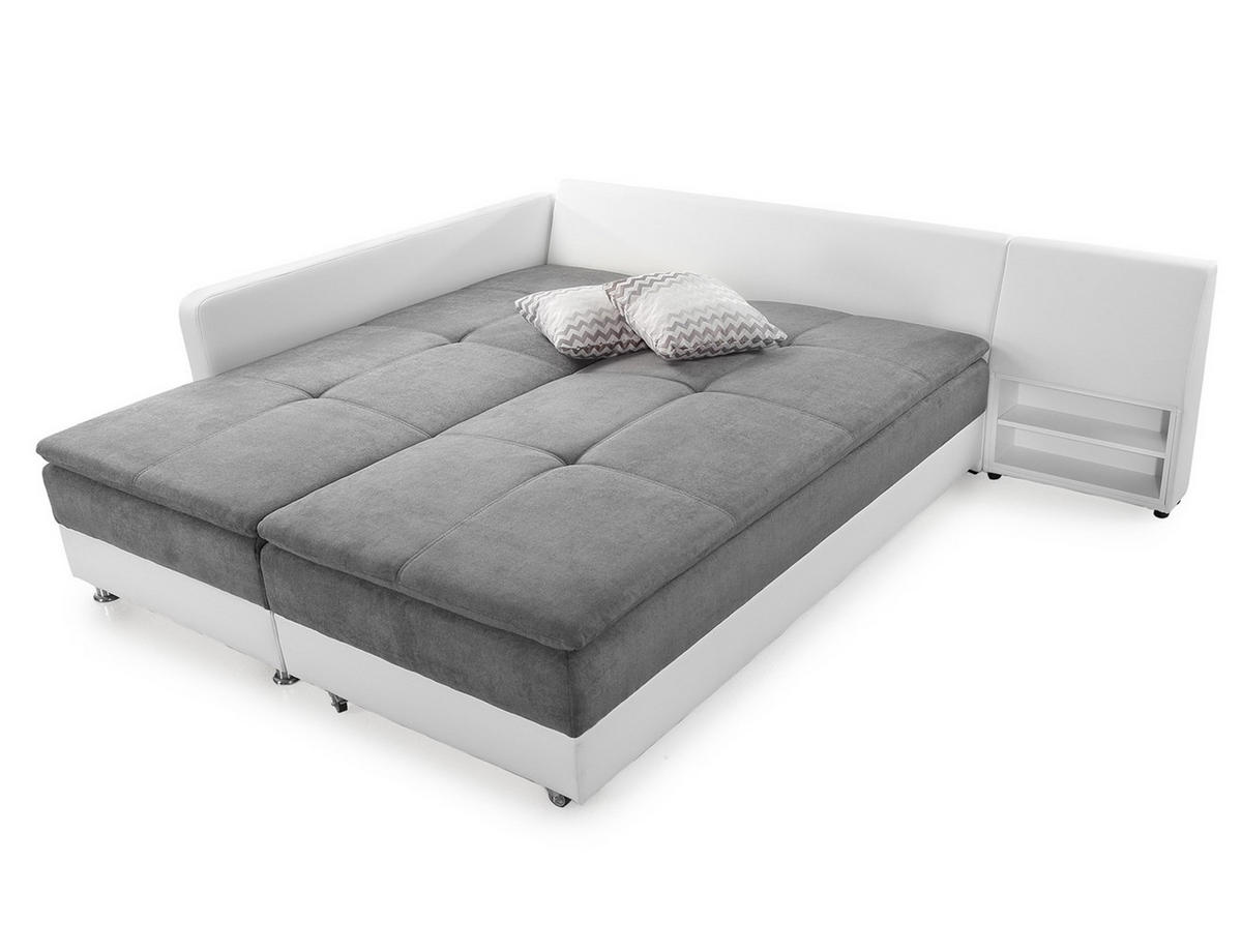 ECKSOFA-DAUERSCHLÄFER Doppelbett Boxspring Federkern Topper, Schwenkteil rechts B306/T223/H95 cm , Kunstleder Weiß+Mikrofaser Hellgrau / 15104 - Chromfarben/Hellgrau, Textil/Metall (306/223cm) - luma-home