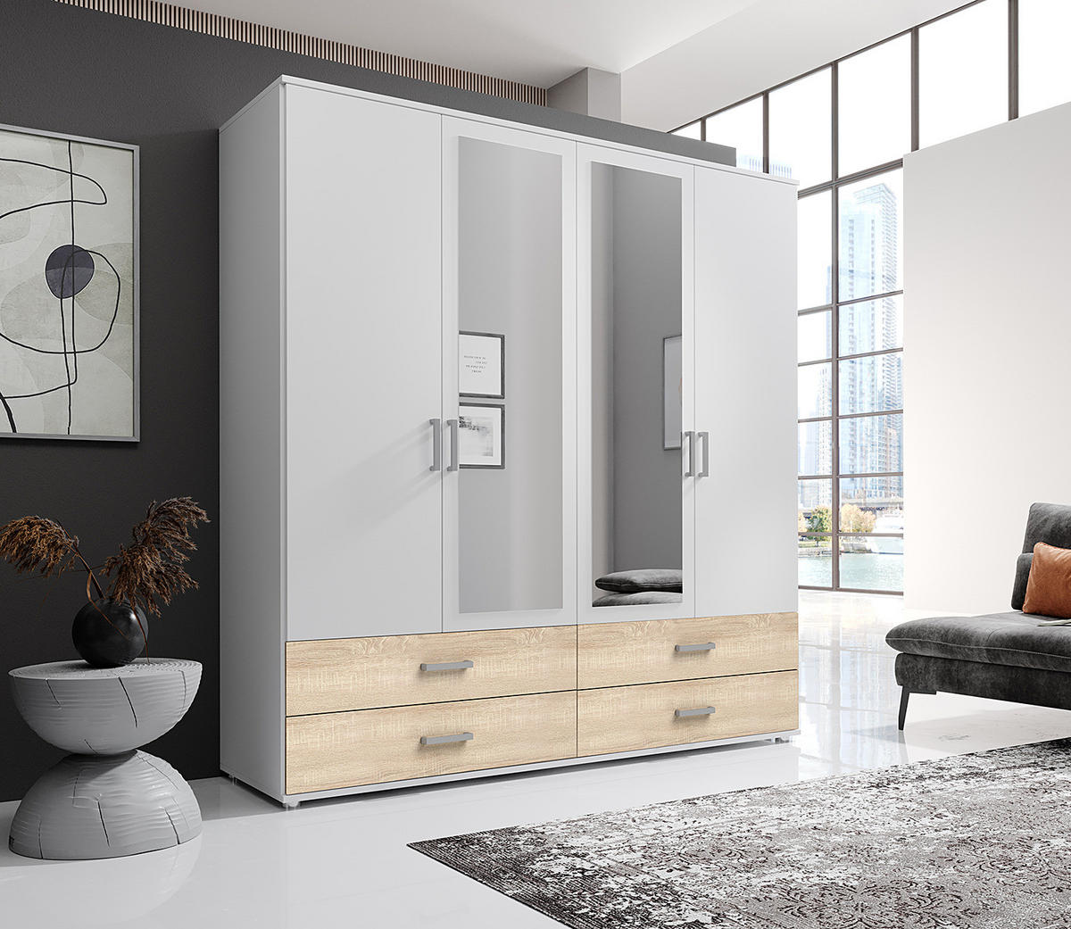 DREHTÜRENSCHRANK mit Spiegeltüren - Eichefarben/Silberfarben, Holzwerkstoff/Kunststoff (180/190/51cm) - home24