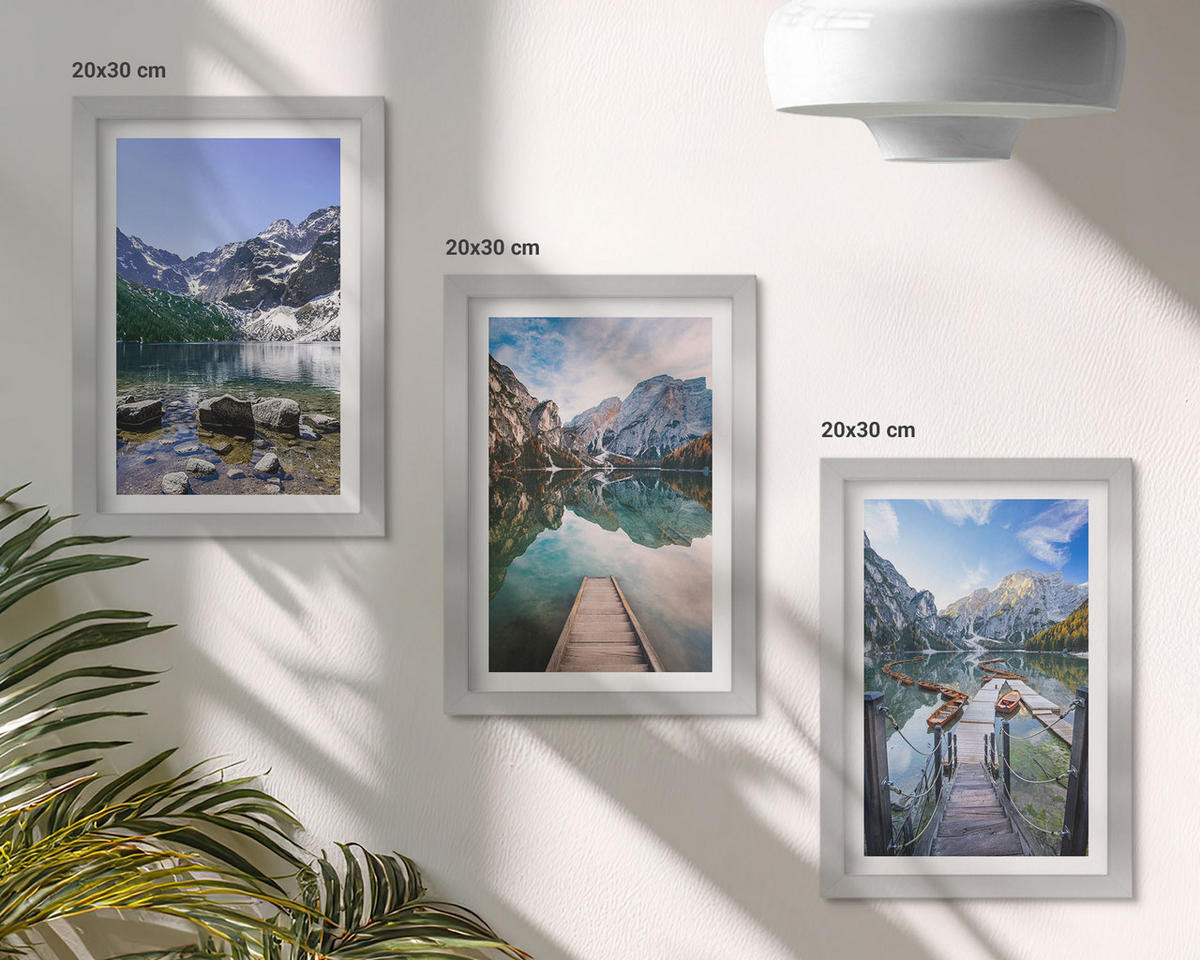 BILDER SET 3er Set - 20x30 cm Silberner Rahmen - Berge, Seen, Holzstege - Silberfarben, Kunststoff (20/30cm) - TULUP