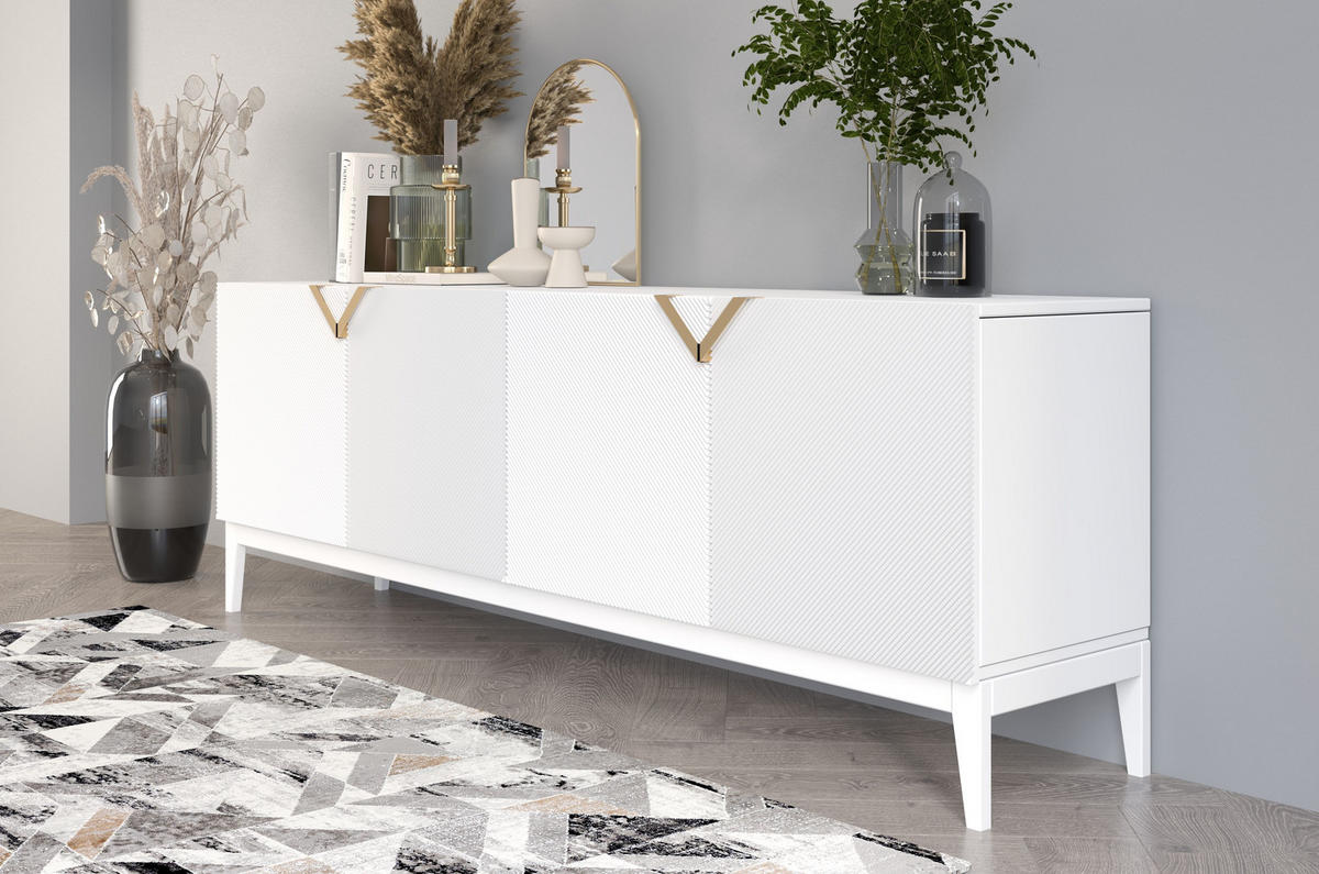SIDEBOARD Demi Long, Weiß-Gold, Mit Gefrästen Fronten, Massive Buche - Goldfarben/Weiß, Holz/Holzwerkstoff (201.5/70/42cm) - Visby
