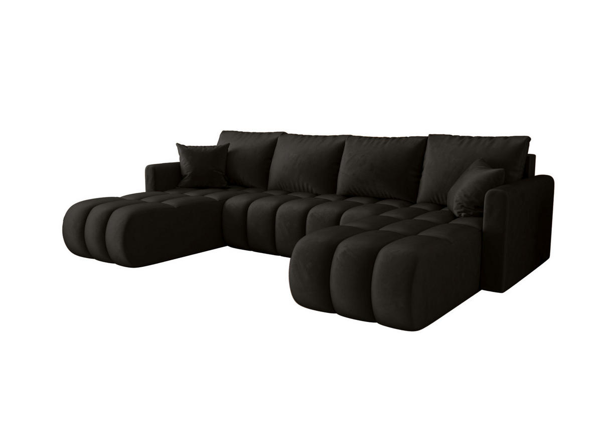 WOHNLANDSCHAFT GARDA U-Form schwarz Velours Monolith 97 - Schlaffunktion, Bettkasten - Schwarz, Textil (305/88/150cm) - Cornero