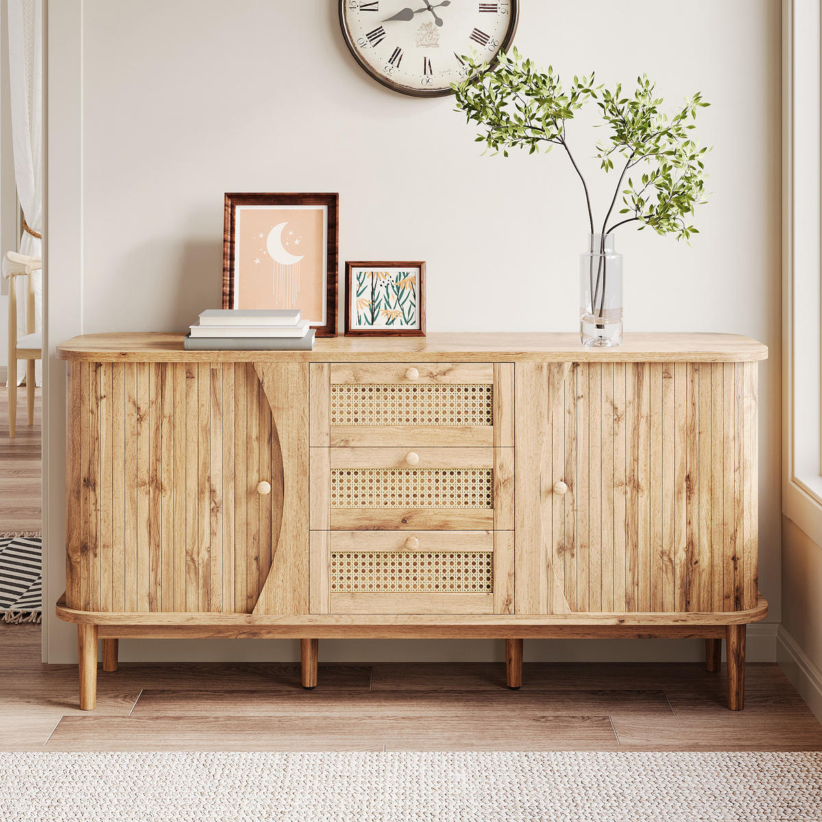 SIDEBOARD Rattan Schiebetüren verstellbare Böden modern - Naturfarben, Holzwerkstoff (40/76/140.5cm) - FLIEKS