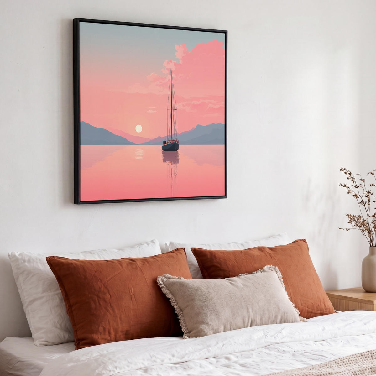 LEINWAND Bilder mit Rahmen - Segelboot - Rosa Meer - Sonnenuntergang - Berge - 50x50 - Rosa, Textil (50/50cm) - MuchoWow