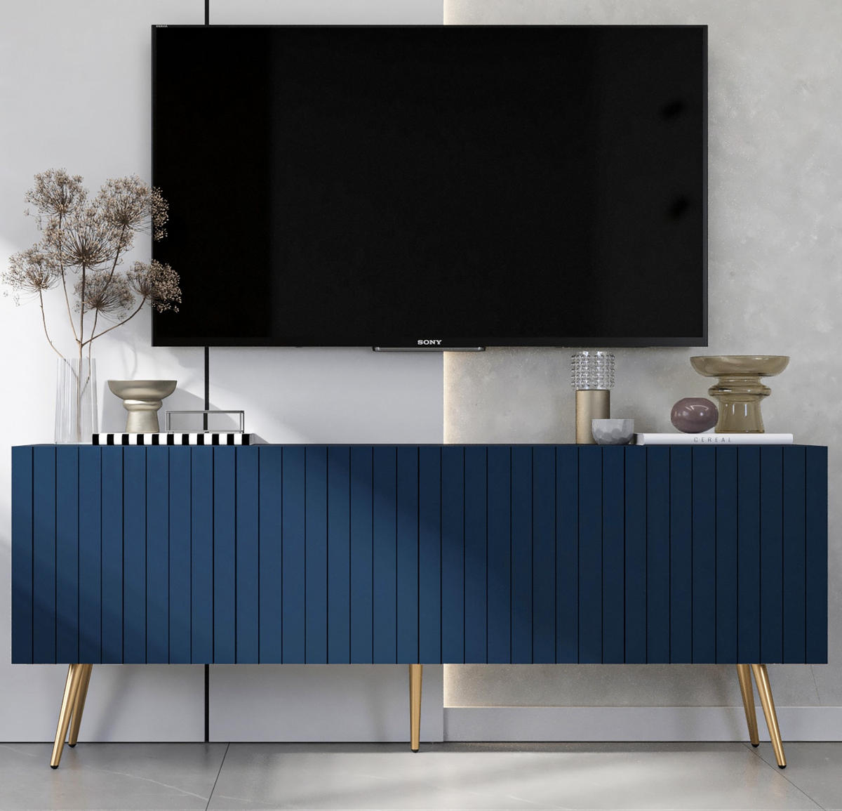TV-SCHRANK Elpis Marineblau Matt mit goldenen Metallbeine Glamour 150 cm - Blau/Goldfarben, Holzwerkstoff/Metall (150/60.5/36.5cm) - Meble Lindner