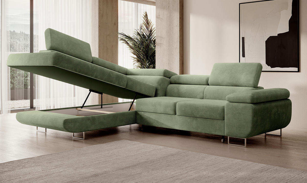 ECKSOFA Stevil Salbeigrün Cordbezug - Salbeigrün/Silberfarben, Textil/Metall (275/203cm) - Selsey