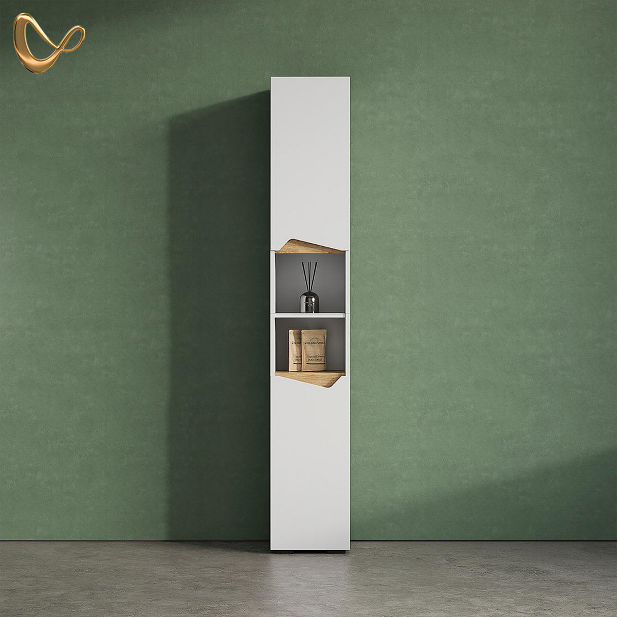BADSCHRANK Timavo Weiß 30 x 180 cm mit Türen, und offenen Fächern - Weiß/Eiche Artisan, Holzwerkstoff (30/180/35cm) - Livinity®