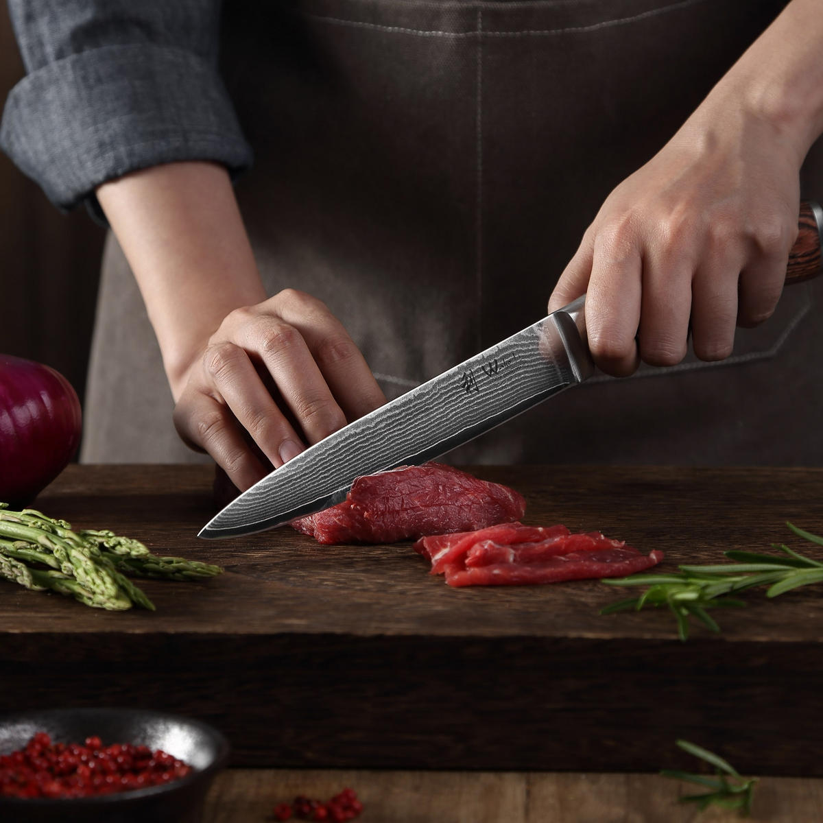 TRANCHIERMESSER Damast I EDIB - Braun, Holz/Metall (30cm) - Wakoli