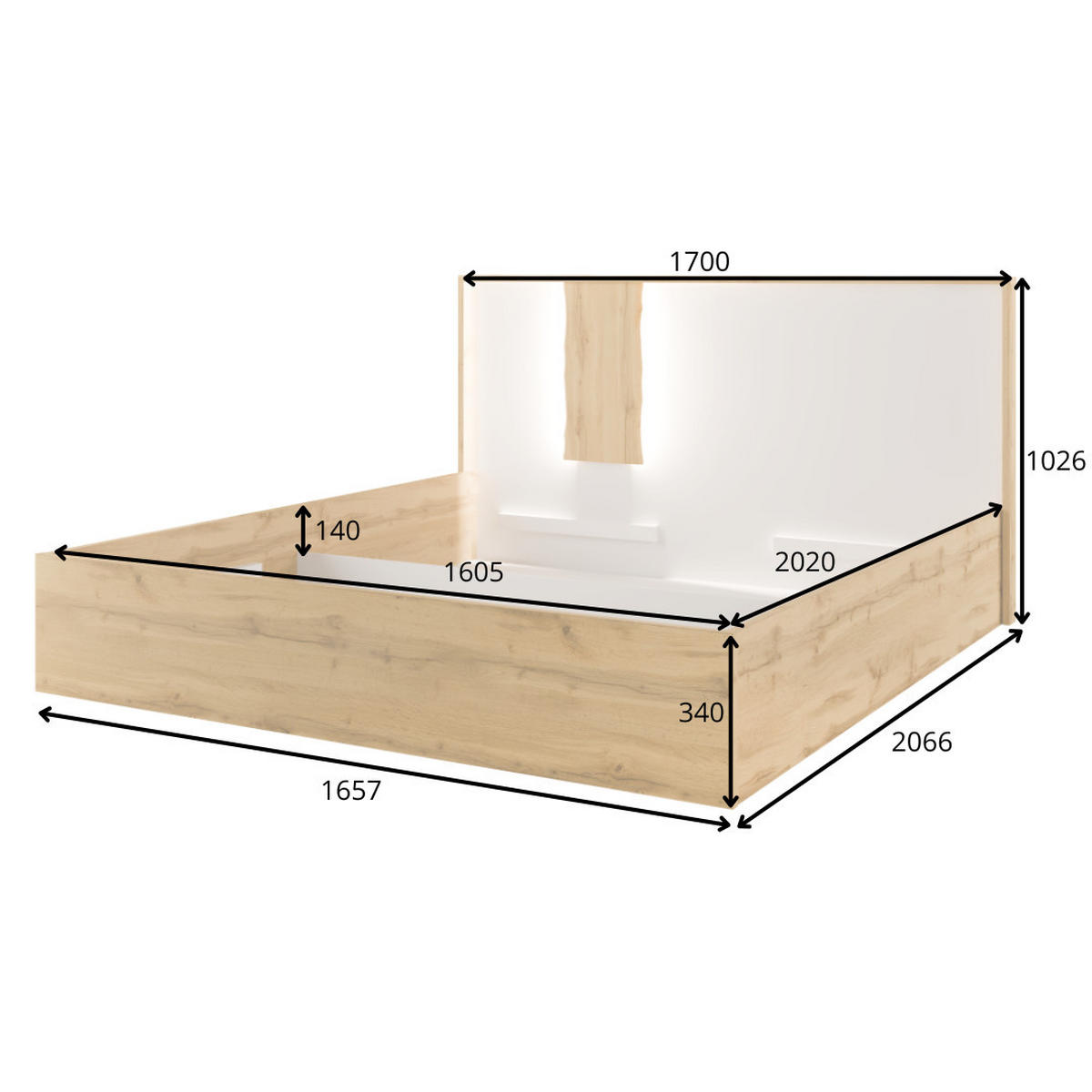 BETT WELORA – 160×200 cm mit Lattenrost, ohne Bettkasten Wotan Eiche / Alpinweiß - Eiche Wotan/Weiß, Holzwerkstoff (160/200cm) - Milaros Markt