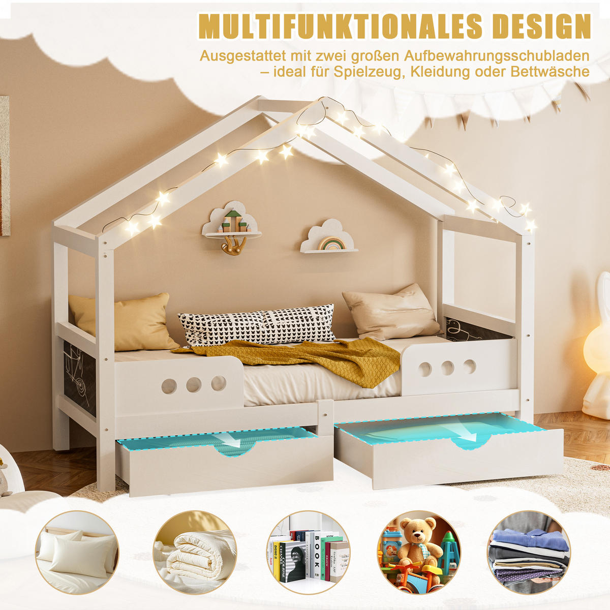 HAUSEBETT 90 x 200 cm mit Doppelschublade in Weiß - Weiß, Holz (90/200cm) - KOMHTOM