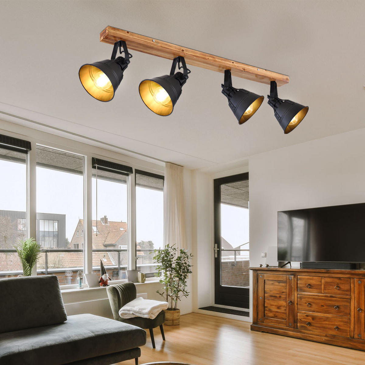 DECKENLEUCHTE Holz Metall Schwarz Matt - Schwarz, Holz (82/14/24cm) - Globo Lighting