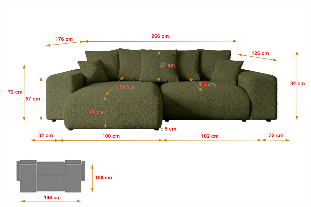 ECKSOFA Ottomane links ESKAR-L 266x176x84 Olivgrün Bouclé - Schwarz/Olivgrün, Holzwerkstoff/Kunststoff (266/176cm) - ALTDECOR