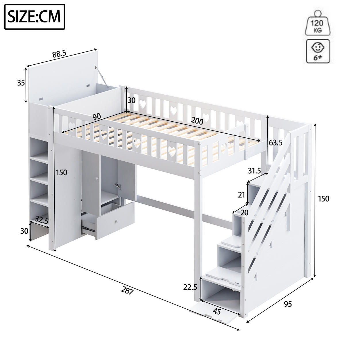 HOCHBETT 90x200cm Weiß Stauraumleiter Stauschrank Geländer Liebesform - Weiß, Holz (90/200cm) - FLIEKS