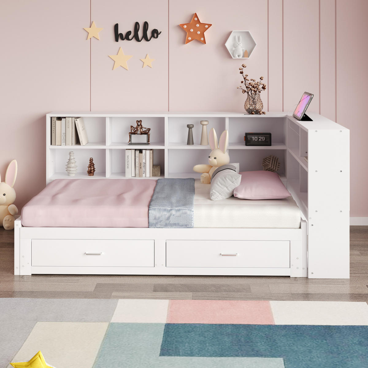 BETT aus Holz 90/180 cm Weiß mit Stauraum, Schubladen und Multifunktionssteckdose - Weiß, Holzwerkstoff (90/190cm) - Modfu