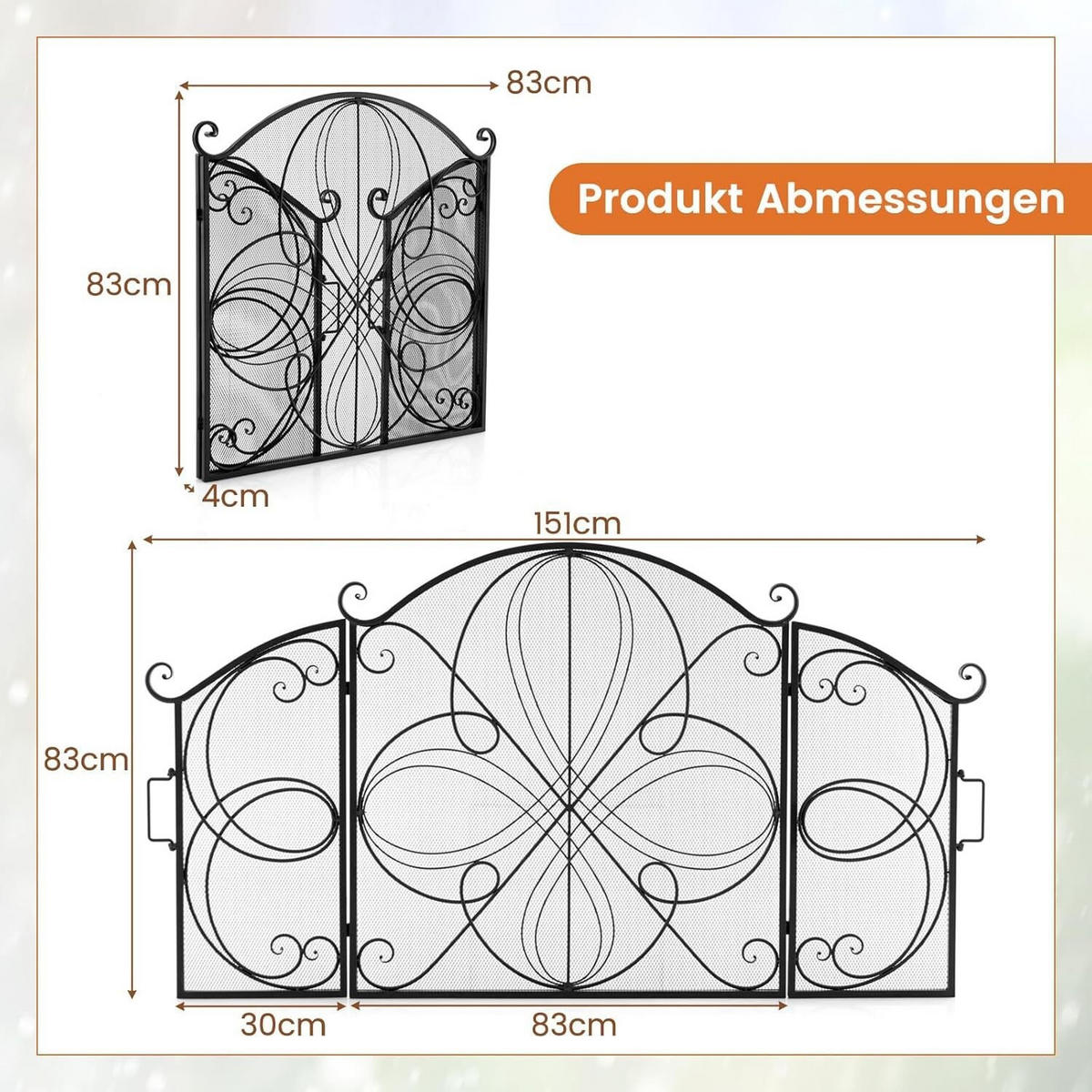 KAMINSCHIRM 83cm Schwarz - Schwarz, Metall (4/83/83cm) - COSTWAY