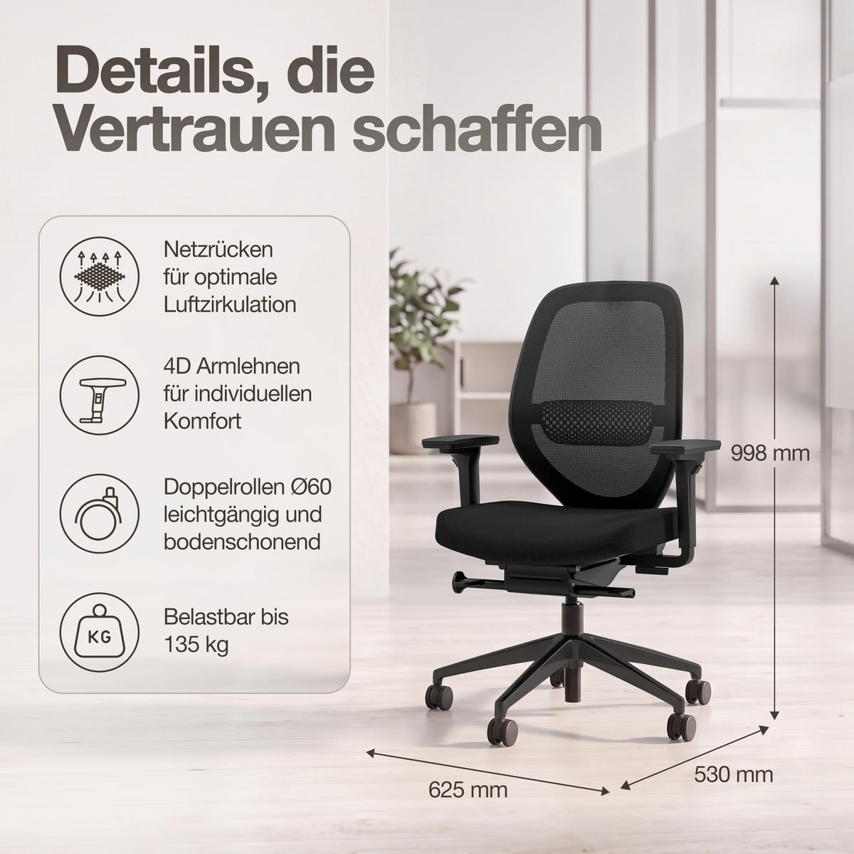 DREHSTUHL Ergonomischer Bürostuhl Atessa mit Netzrücken / Keine Schwarz Netzrücken für Luftzirkulation - Schwarz, Textil (62.5/99.8/45cm) - ASSMANN