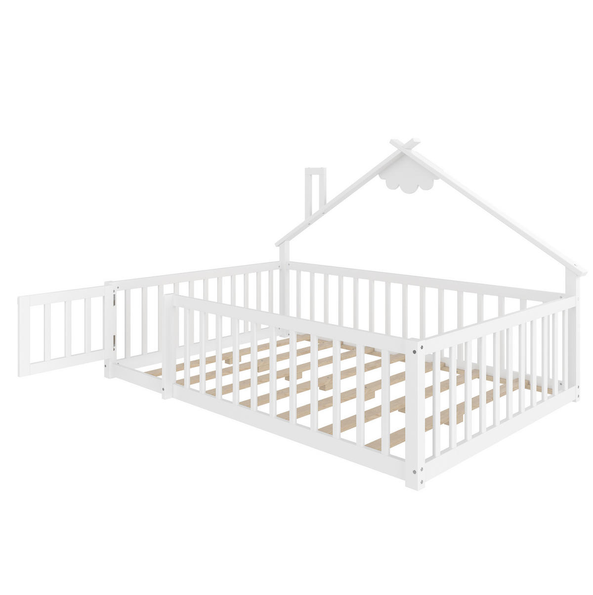KINDERBETT Hausbett 140/190 cm, Weiß mit Geländer - Weiß, Holz (140/190cm) - MIVRAY