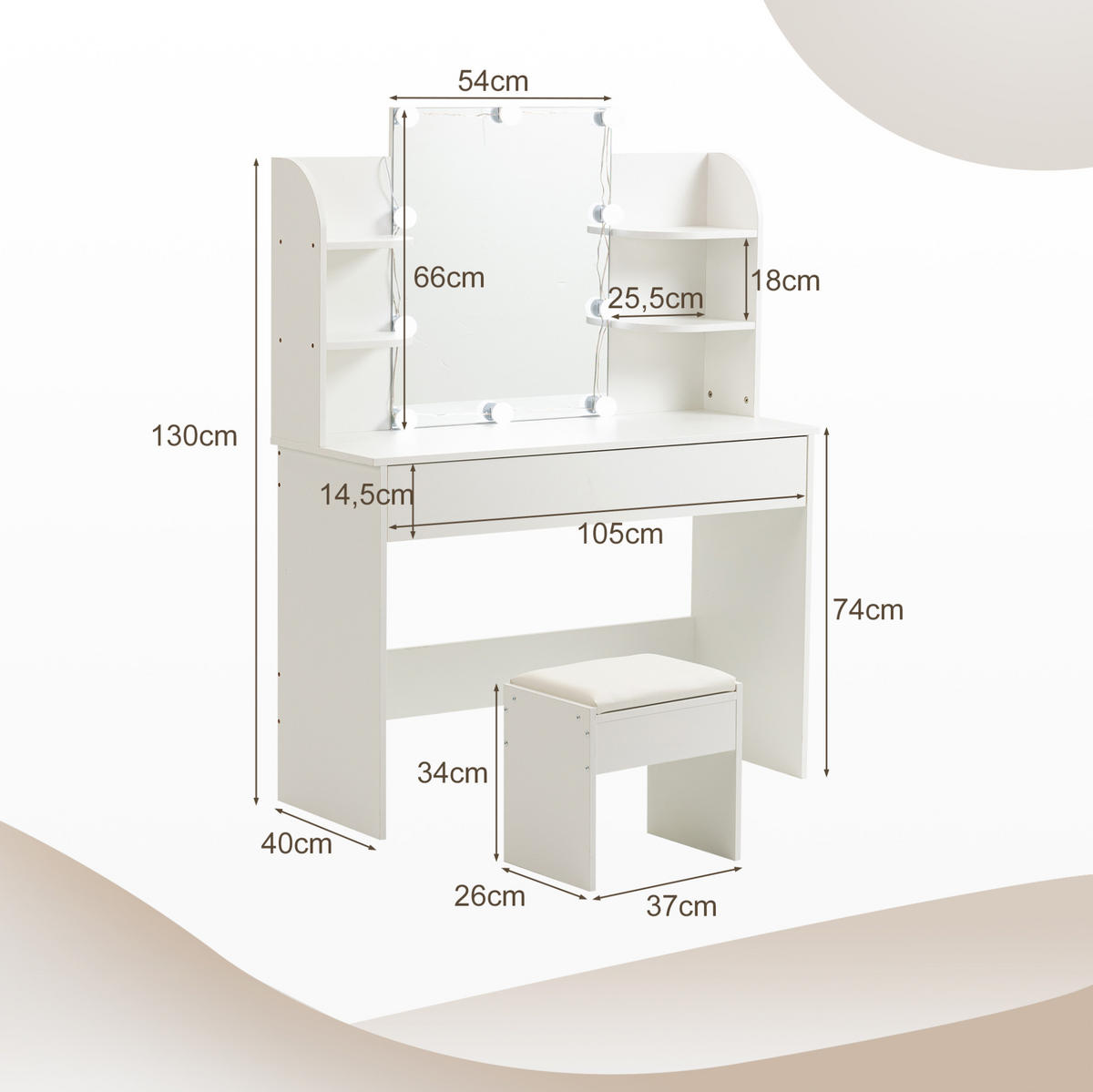 SCHMINKTISCH 40/105/130 cm Weiß aus MDF mit LED-Beleuchtung und Hocker - Weiß, Holzwerkstoff (40/130/105cm) - OKWISH