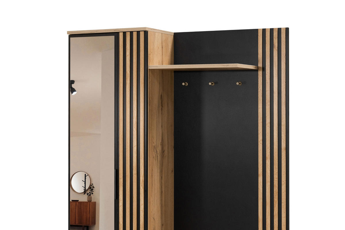 GARDEROBE MILANO 140/200 in Eiche Wotan / Schwarz mit Lamellen - Eichefarben/Schwarz, Holzwerkstoff (140/200/40cm) - Deine Möbel 24