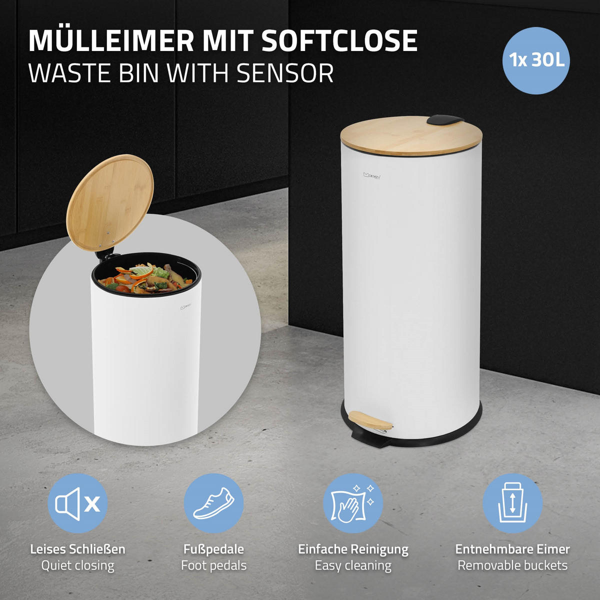 KOŠ NA ODPADKY 30 L s pedálem a bambusovým víkem, kulatý, bílý, z oceli - bílá, kov (29/62.5/37cm) - ML-DESIGN