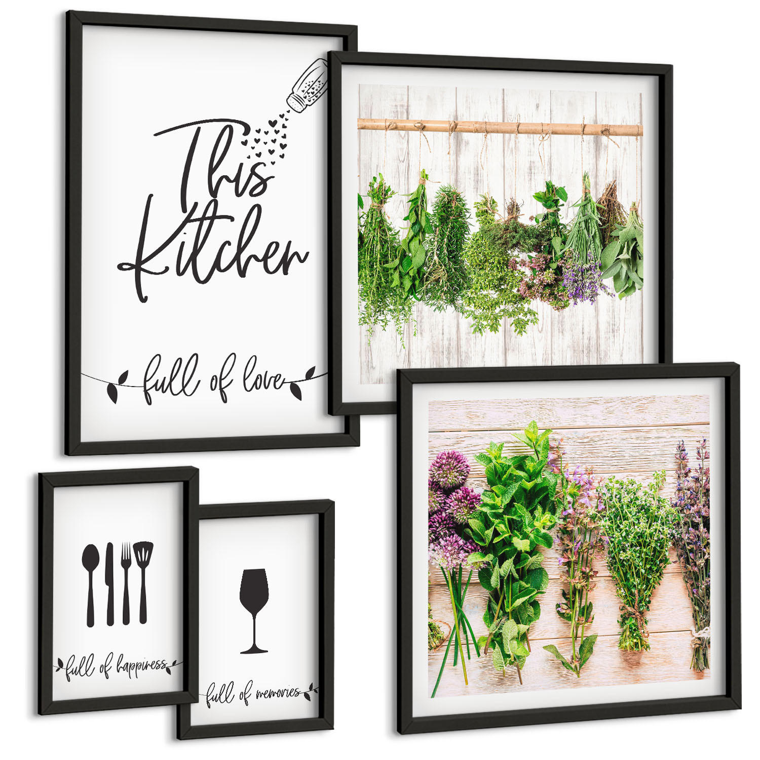 BILDER SET 5er Set - 50x50 cm & 20x30 cm & 40x60 cm Schwarzer Rahmen - Tisch aus Zitronenbaum - Schwarz, Kunststoff (40/60cm) - TULUP