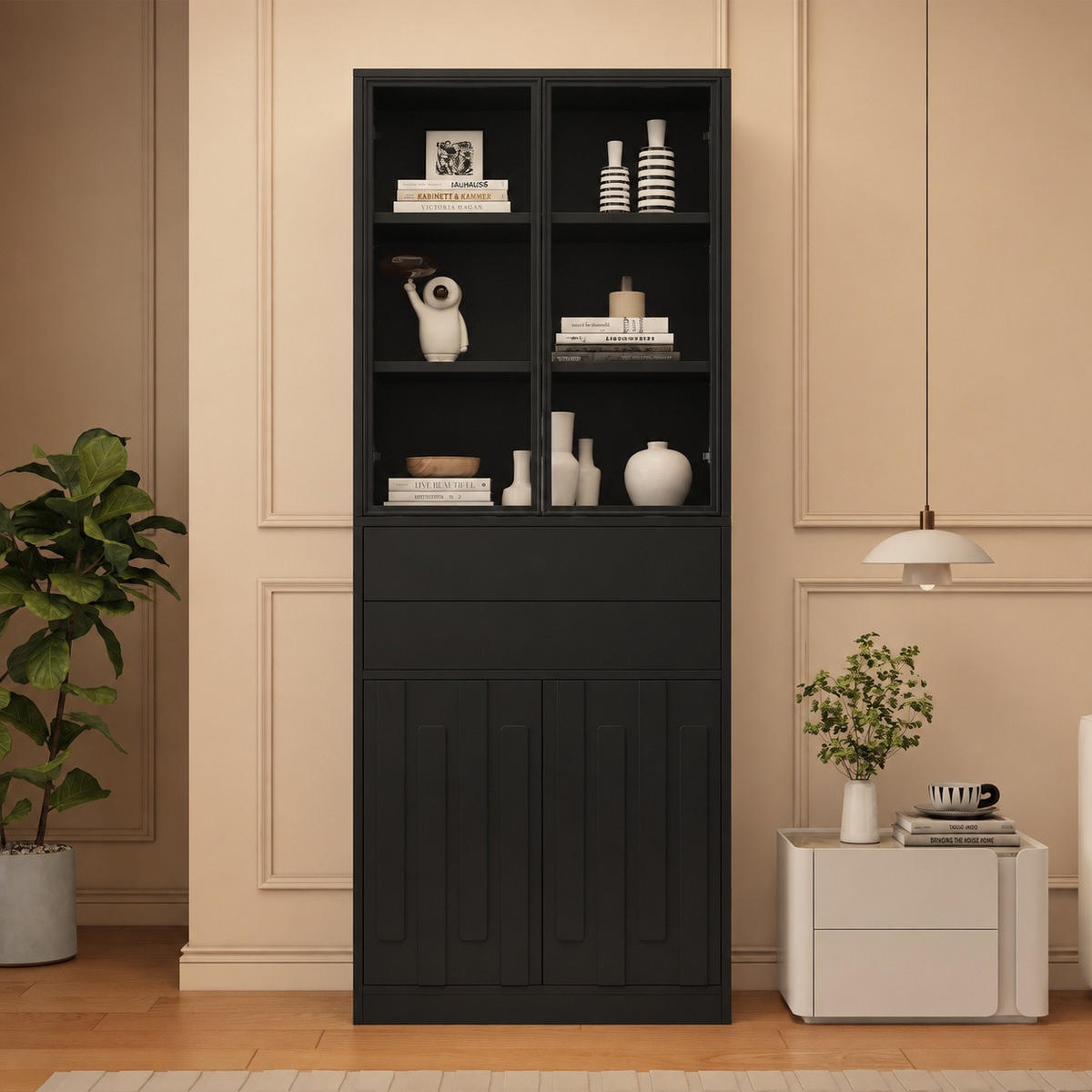 VITRINE 70x34x180 cm Schwarz mit LED und 2 Schubladen - Schwarz, Holzwerkstoff (70/180/34cm) - FLIEKS
