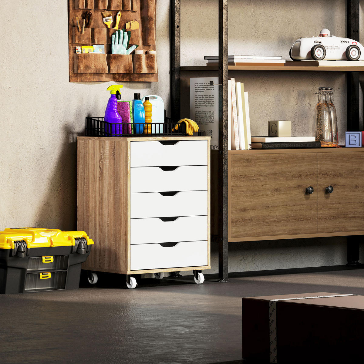 ROLLCONTAINER DE-14484 5 Schubladen Weiß/Eiche - Eichefarben, Holzwerkstoff (39.5/67.5/47.5cm) - ComfortXL