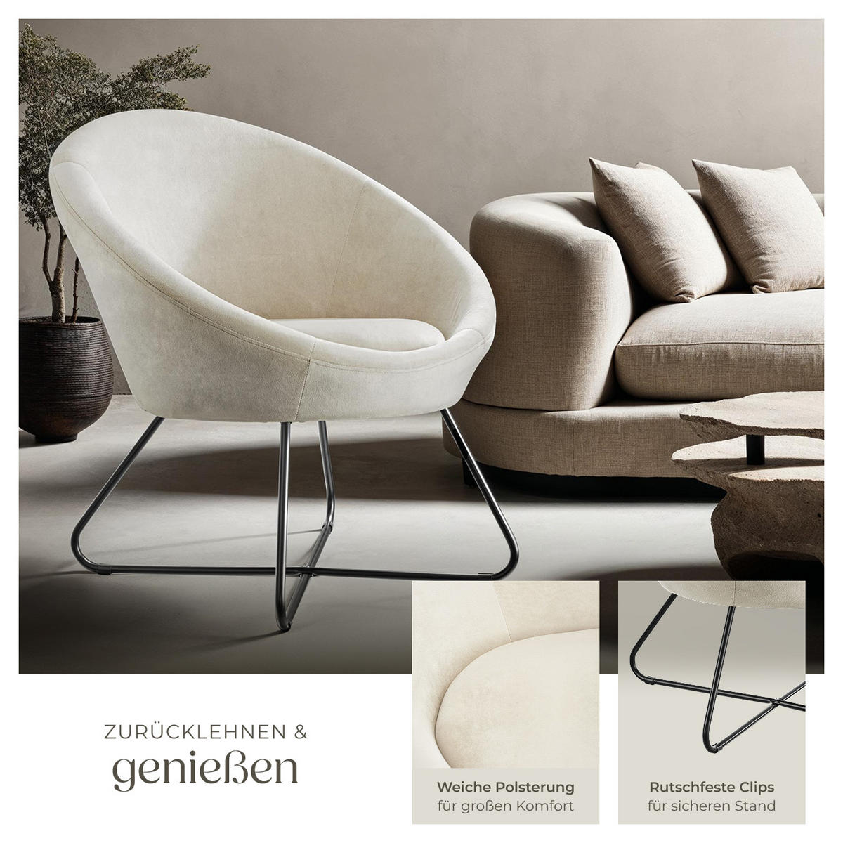 COCKTAILSESSEL Centera,83 x 73 x 82 cm,Samtoptik beige - Beige, Metall (83/82/73cm) - tectake