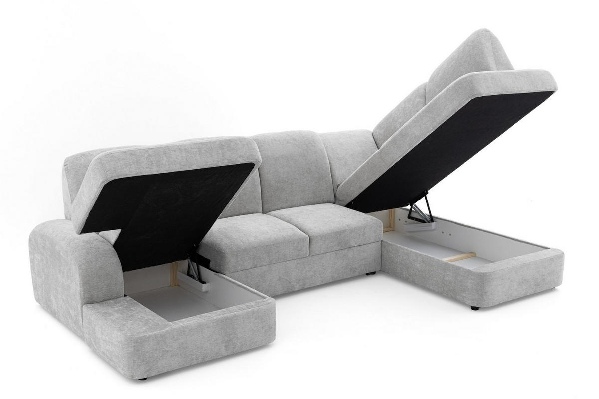 ECKSOFA VIBE U Rechts mit Schlaffunktion 129x263 Chenille Hellgrau - Hellgrau/Schwarz, Holz/Kunststoff (186/102/280cm) - Muffo