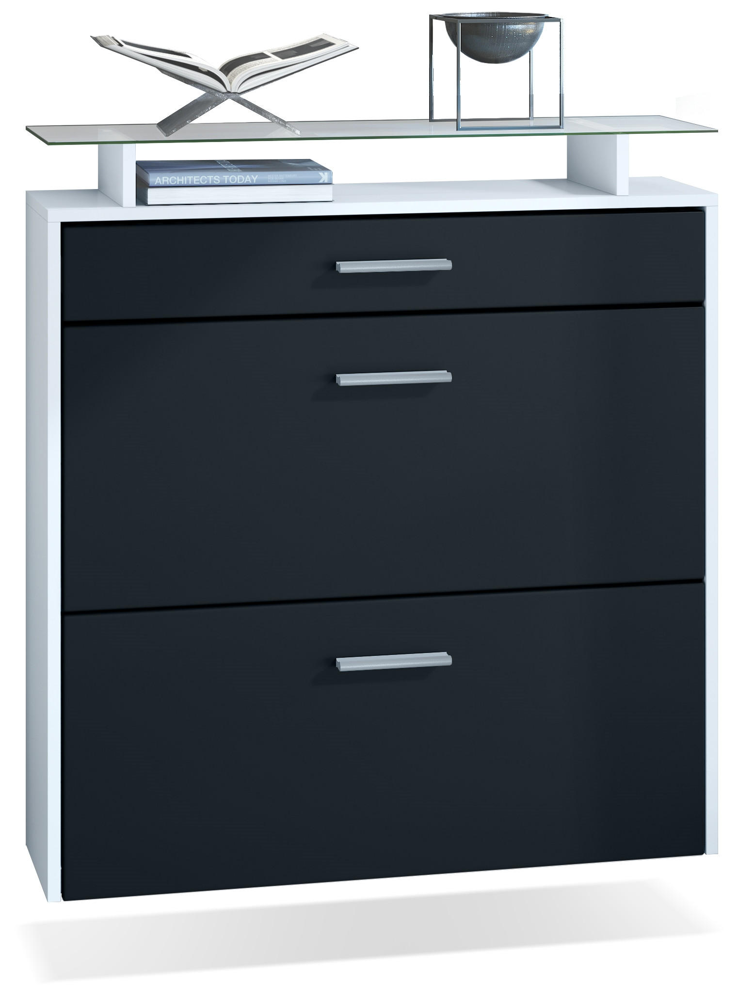 SCHUHSCHRANK Malea Front in Schwarz matt - Schwarz, Holzwerkstoff (89/96/23cm) - Vladon