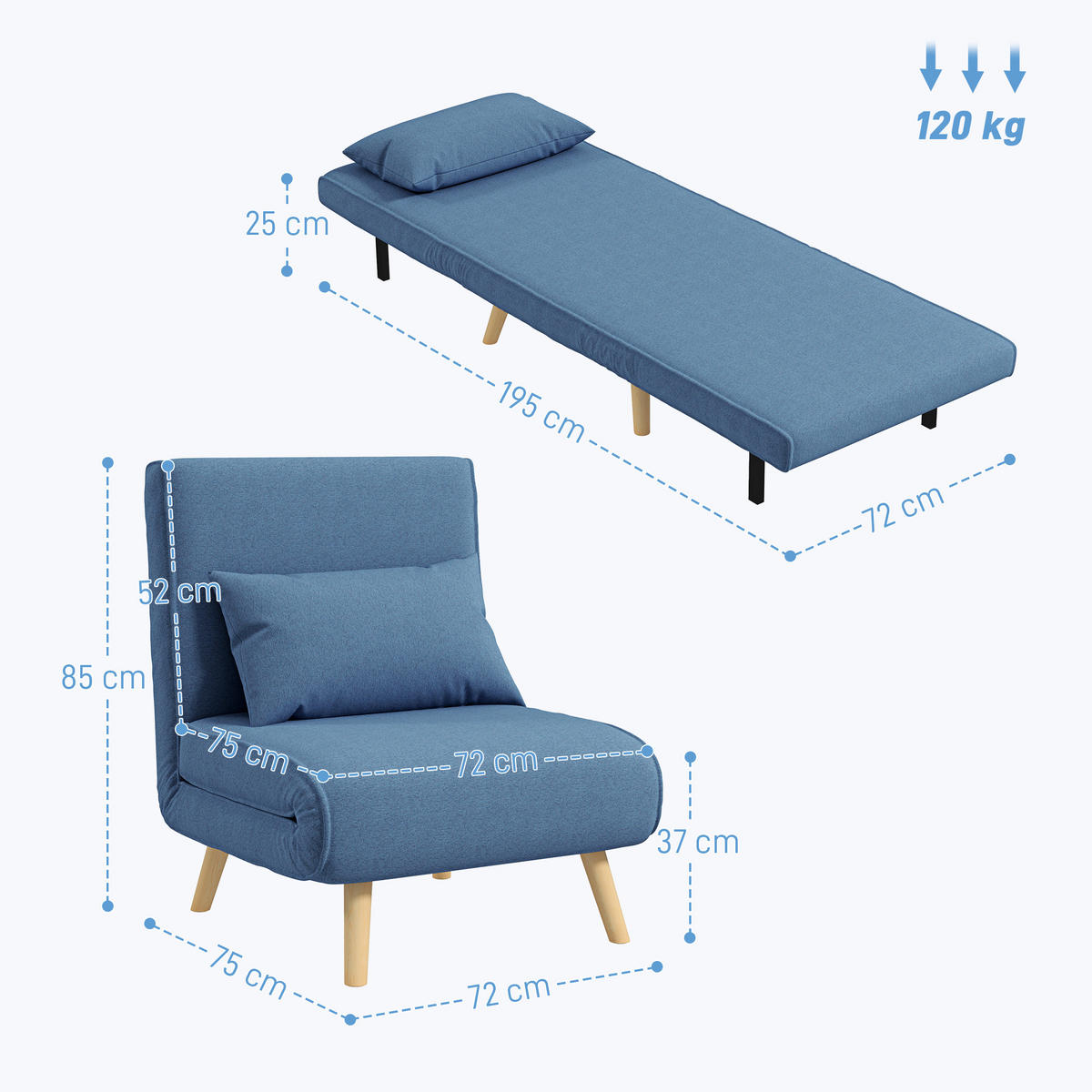 SCHLAFSESSEL 3-in-1 DE-14575 mit 5-fach verstellbarer Rückenlehne Blau - Blau, Textil (72/85/75cm) - ComfortXL