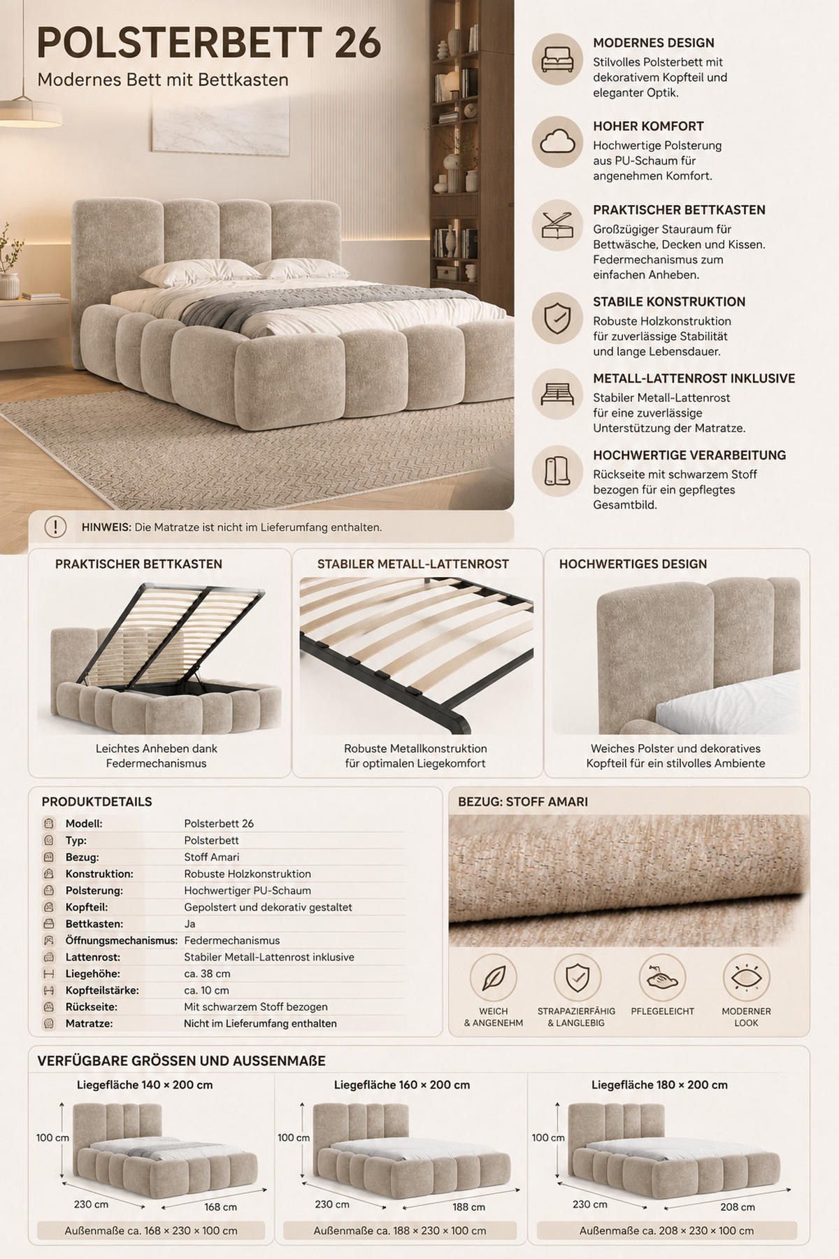 POLSTERBETT 26 - 180x200 cm – Amari – Bett mit Bettkasten und Gepolstertem Kopfteil - Beige, Holz (180/200cm) - ROYAL24_MARKT