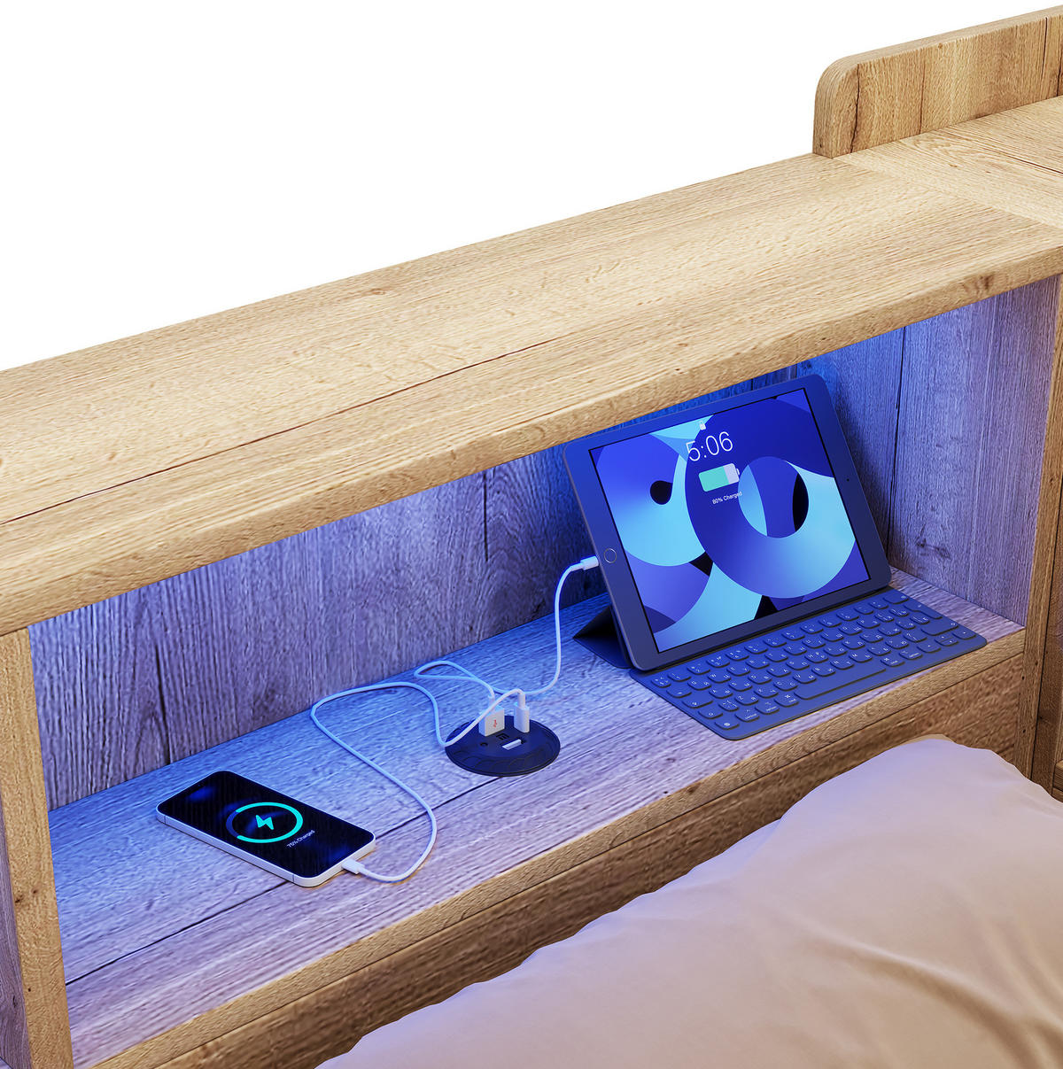 KINDERBETT Liegefläche 140/200 cm aus MDF mit LED, USB-Anschluss und Schreibtisch - Naturfarben, Holzwerkstoff (140/200cm) - BEAOK