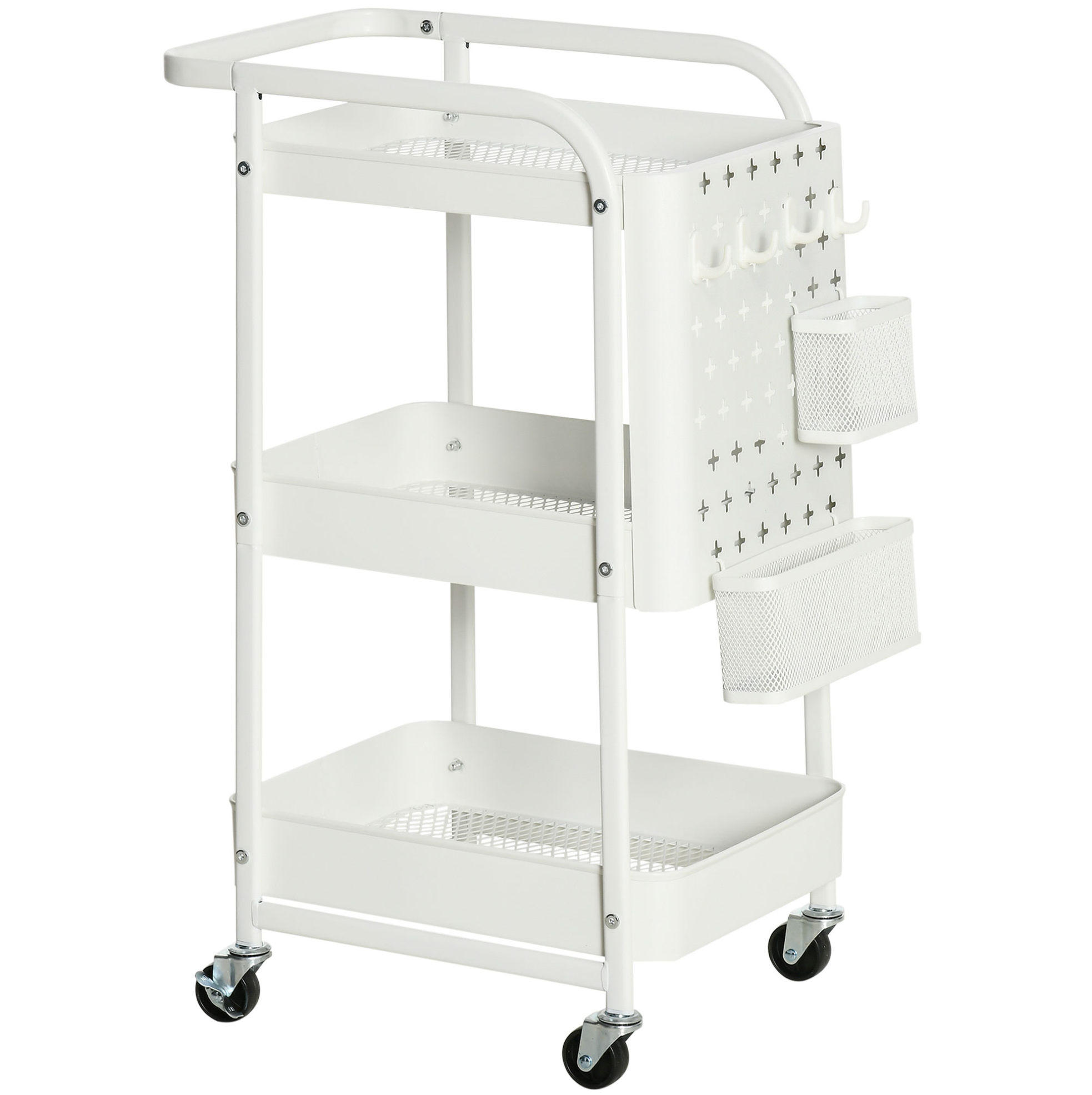 KÜCHENWOLLWAGEN 51.5x32x75.6cm Weiß aus Stahl mit 3 Körben, Seitenhaken & 4 Rollen - Weiß, Metall (32/75.6/51.5cm) - Modfu