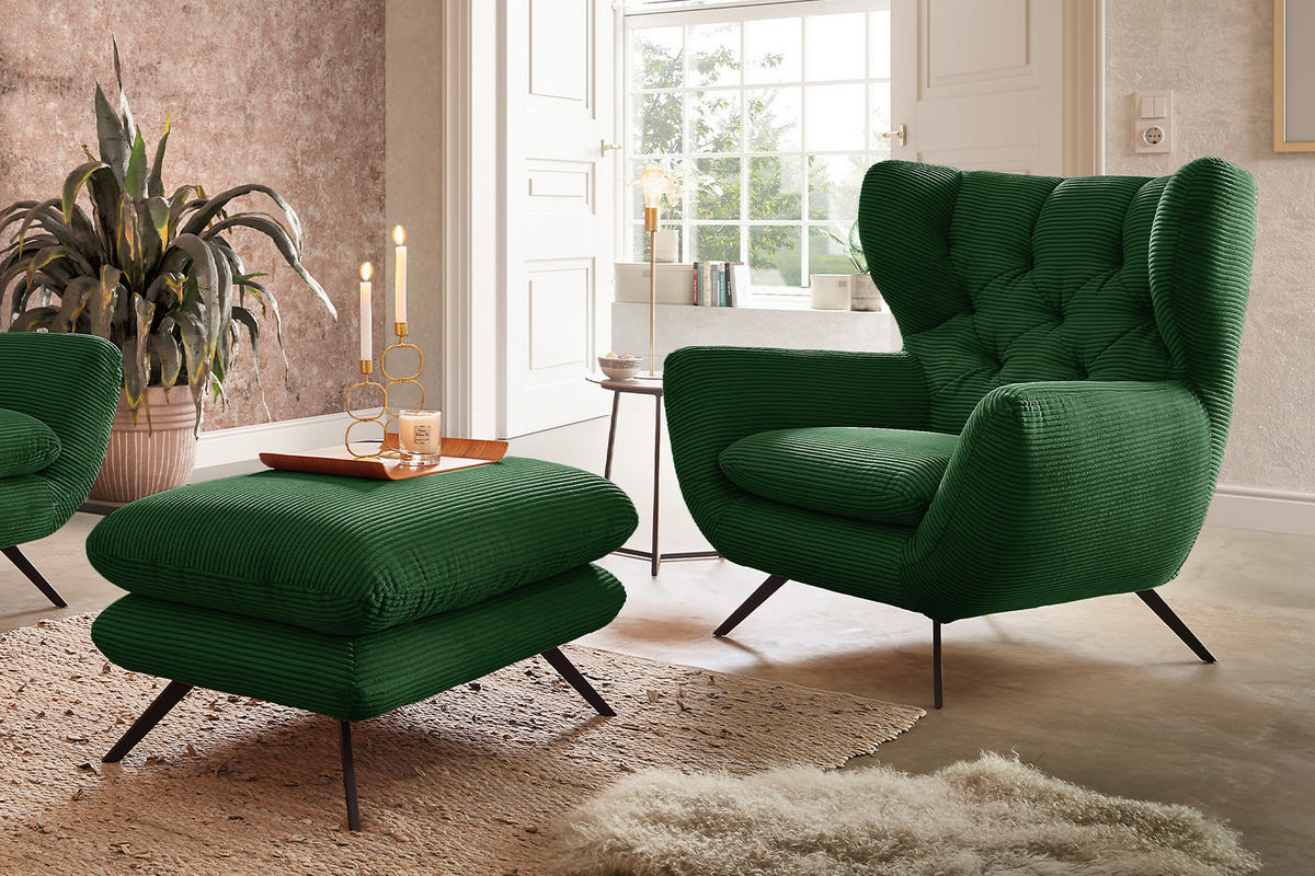 SESSEL CHARME Smaragdgrün Cord - Smaragdgrün/Schwarz, Textil/Metall (100/106/95cm) - KAWOLA