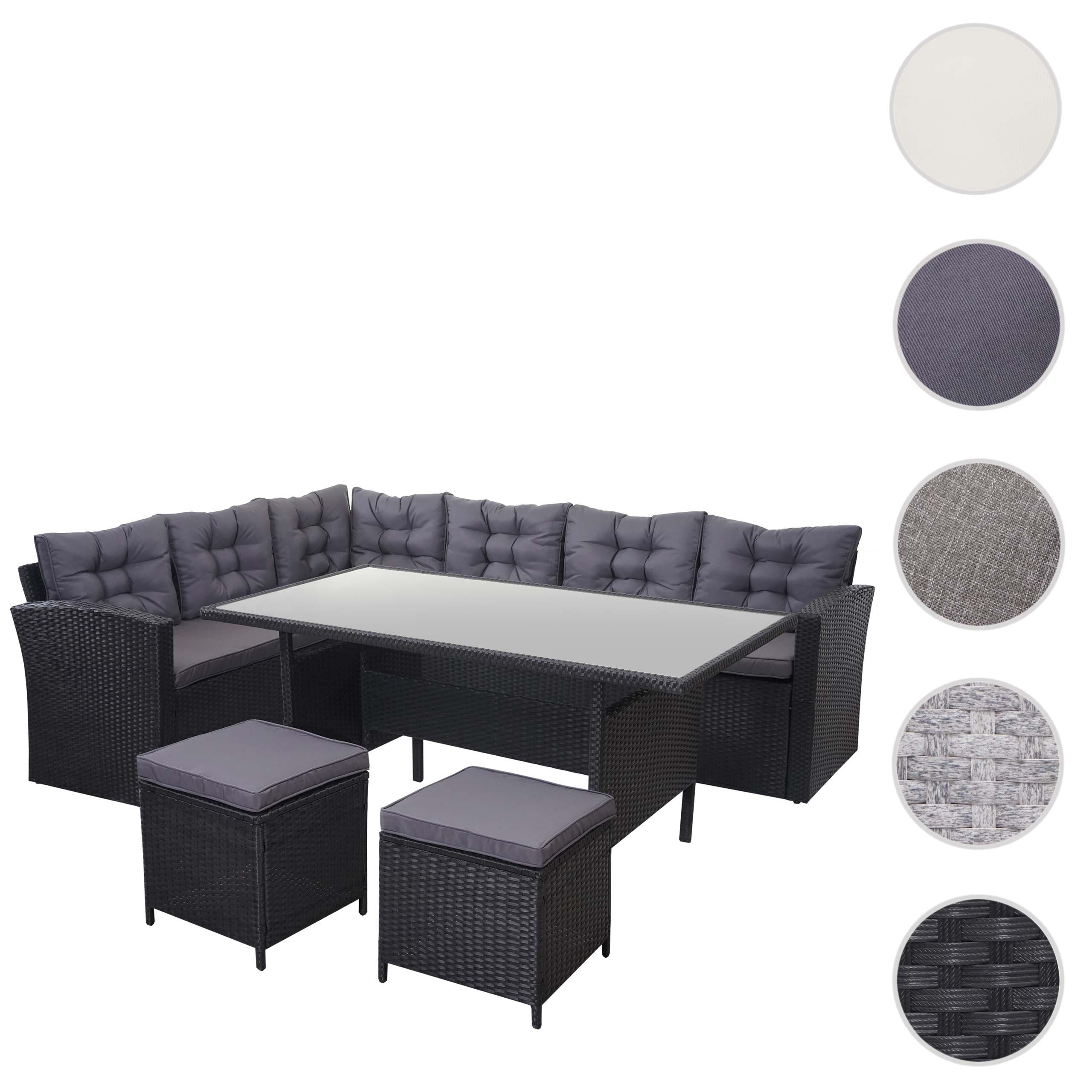 POLY-RATTAN-GARNITUR + HOCKER Schwarz 4er-Set - Schwarz, Kunststoff - MCW