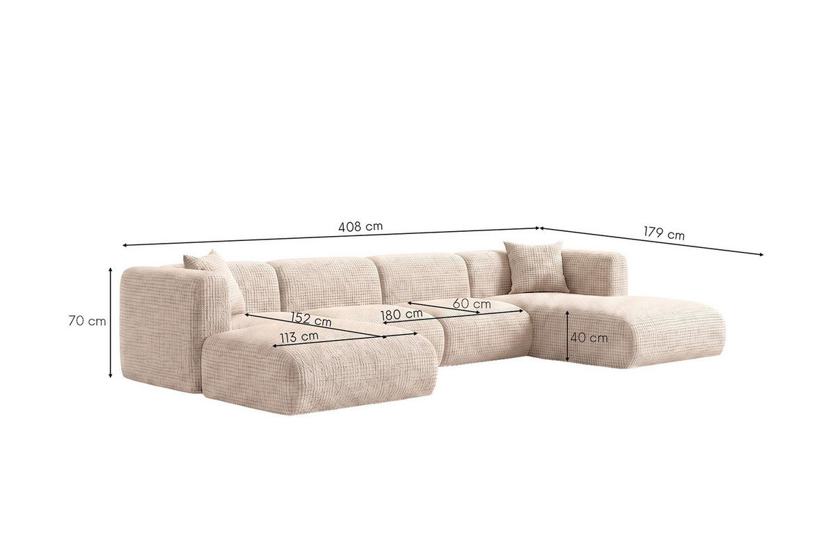 ECKSOFA U-Form, Chenille-Stoff Cremona, Creme, GRETA - Creme, Holz (408/70/179cm) - Kaiser Möbel
