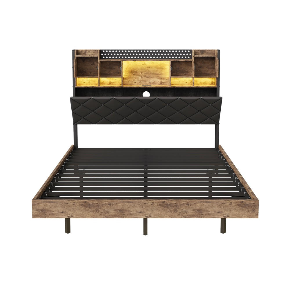 METALLBETT 160x200 cm mit Schwebender Optik - LED Beleuchtung - Kopfteil mit Stauraum und Ladestation - ohne Matratze - Schwarz, Metall (160/200cm) - DELFA