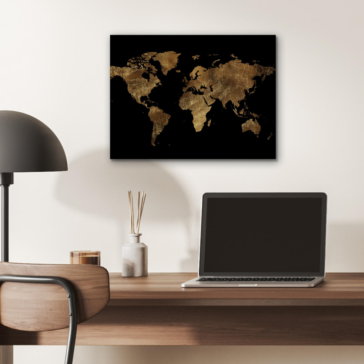 KOVOVÝ OBRAZ Mapa sveta - Zlato - Luxus - Zem - Čierna 40x30 cm - zlatá, kov (40/30cm) - MuchoWow