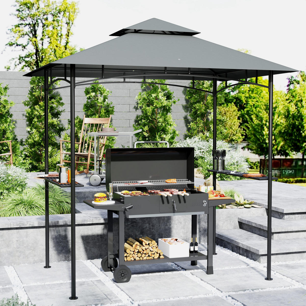 GRILLPAVILLON 240/150/258 cm dunkelgrau aus Polyester mit Doppeldach und LED - Dunkelgrau, Textil (240/258/150cm) - OKWISH