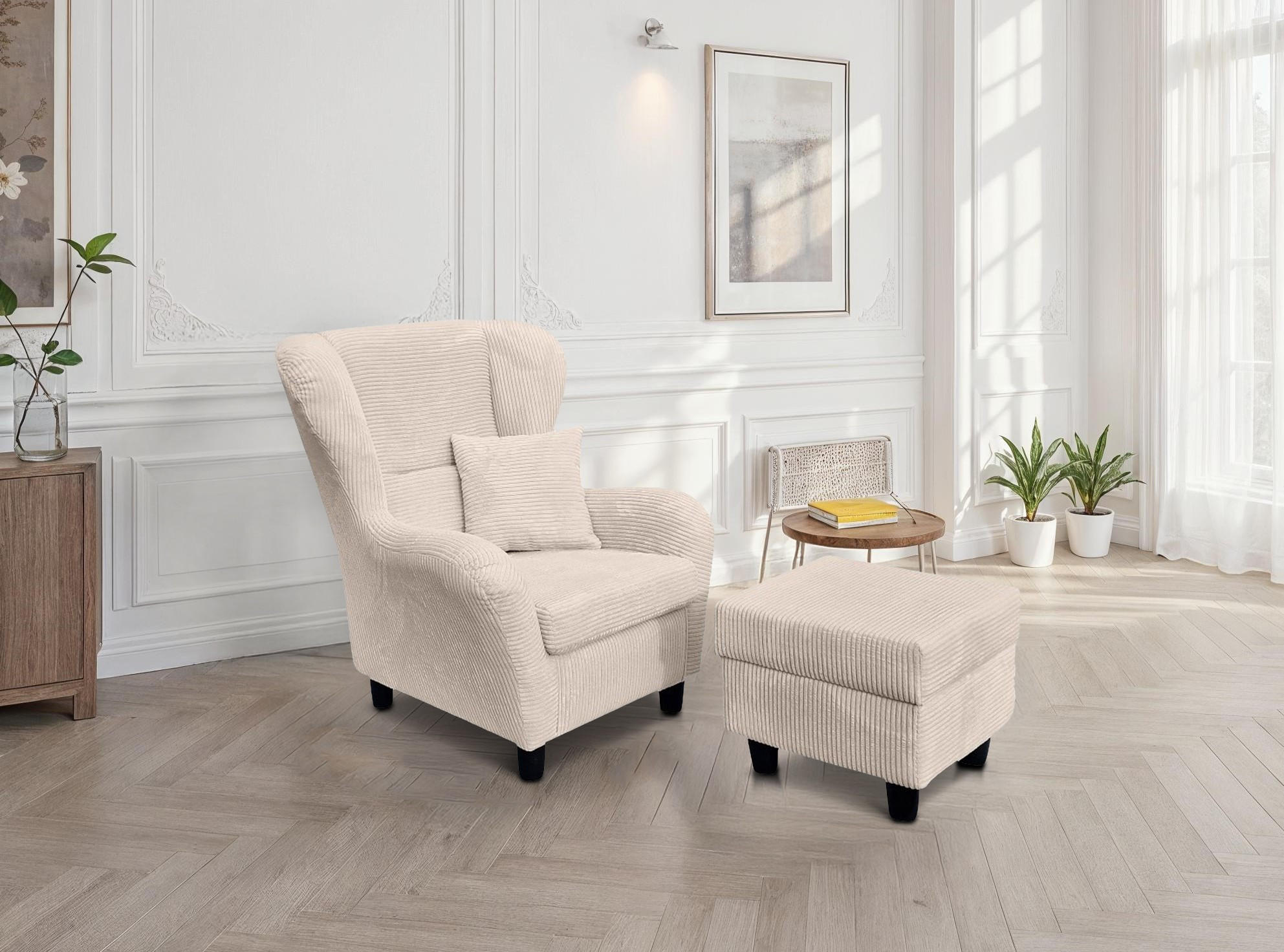 Ohrensessel Mit Hocker – Ergonomischer Lesestuhl In Cremeweiß, Mit Polsterung, Für Wohnzimmer, Schlafzimmer, Büro, Terrasse & Balkon