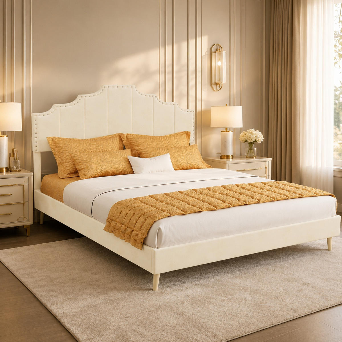 POLSTERBETT 140/200 mit geometrischem Kopfteil und Hollandwollstoff in Beige - Beige, Holzwerkstoff/Textil (140/200cm) - EVRYAE