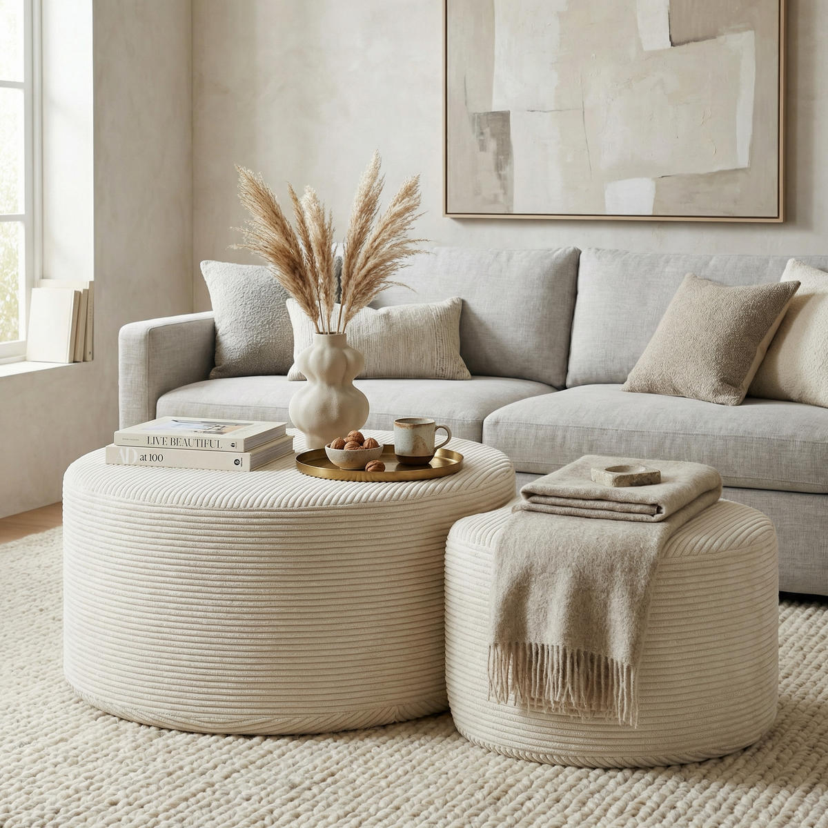 COUCHTISCH 2er Set Rund Gepolsterter Montagefrei - Beige, Textil (81/81/40cm) - Urban Meuble