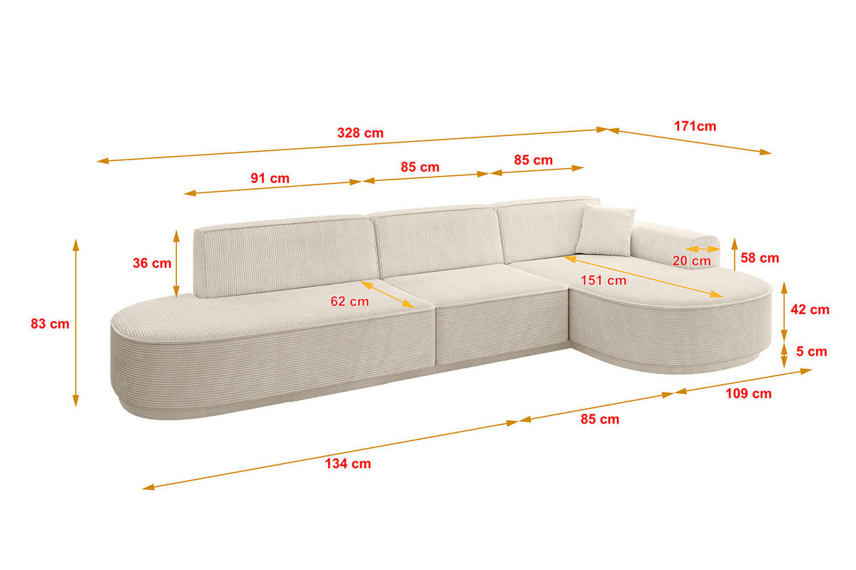ECKSOFA Ottomane Rechts MARI-L2-v3 - 328x171x83 cm Beige Cord - Beige/Schwarz, Holzwerkstoff/Kunststoff (171/328cm) - ALTDECOR