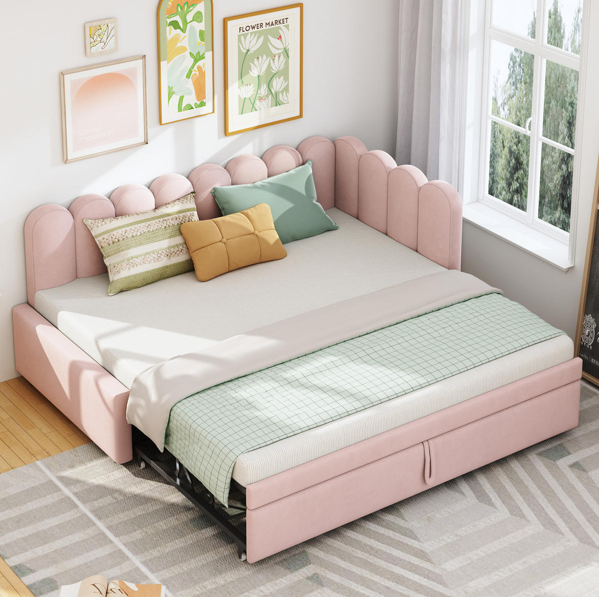 POLSTERBETT 90/200 cm mit Ausziehbett, L-Form und Samtbezug, Rosa - Rosa, Textil (90/200cm) - Redom