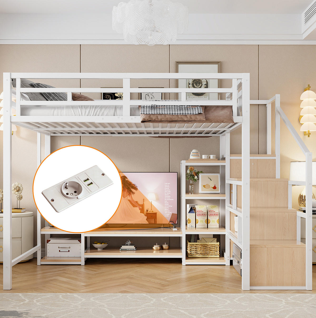 HOCHBETT 140/200 cm aus Metall und MDF mit TV-Ständer, Steckdose und Aufbewahrungsleiter Weiß - Weiß, Metall (140/200cm) - Modenvie