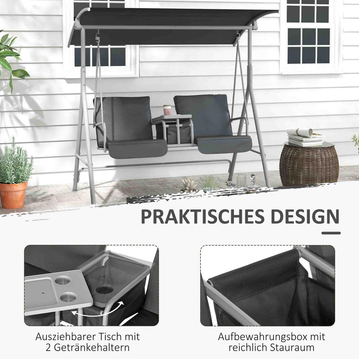 HOLLYWOODSCHAUKEL 2-Sitzer Schaukelbank mit Baldachin, Tasche, Tablett, Schwarz - Schwarz, Metall (110/165/175cm) - Outsunny