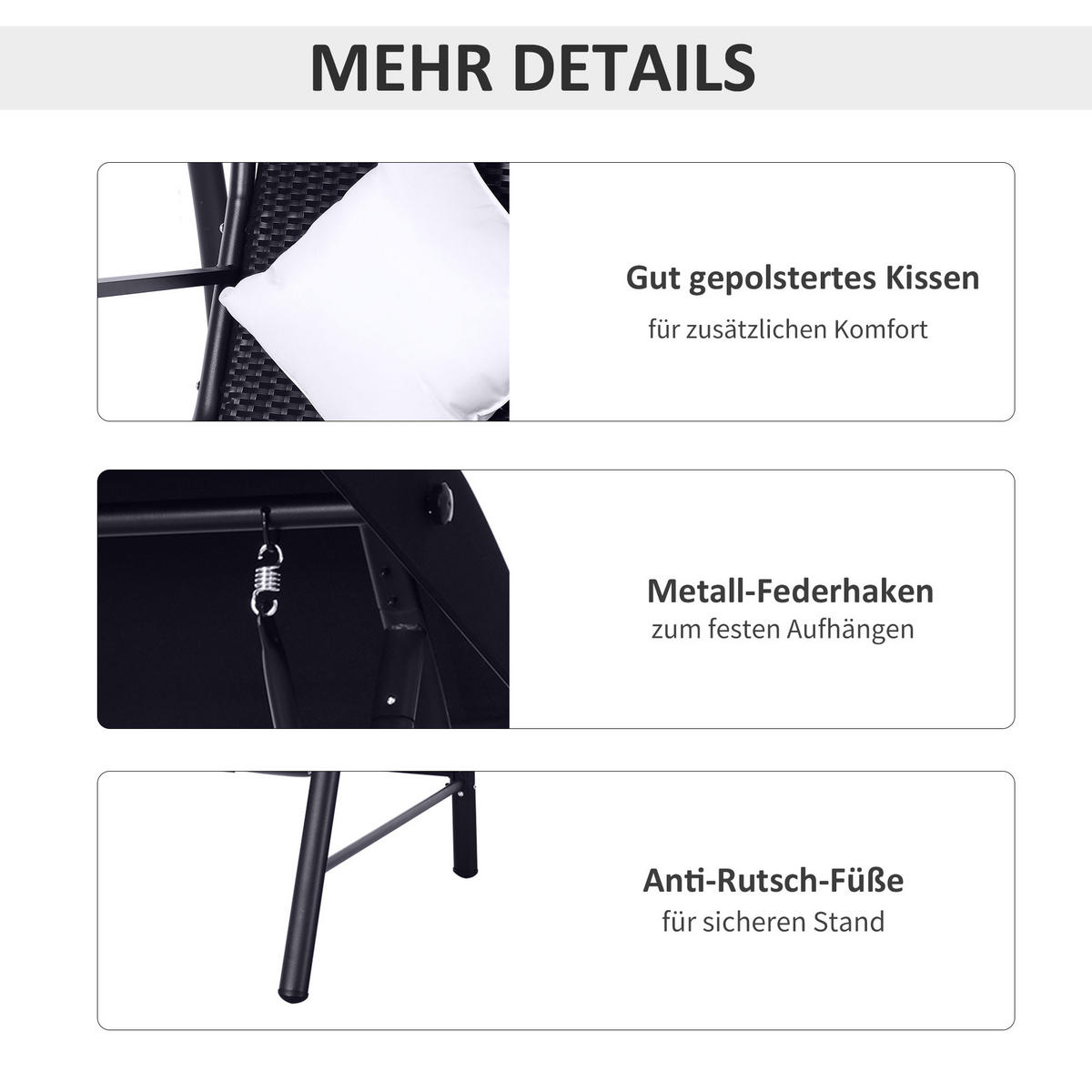 HOLLYWOODSCHAUKEL, Polyrattan, Metall, mit Kissen, belastbar bis 360kg, Schwarz - Schwarz, Metall (124/179/198cm) - Outsunny